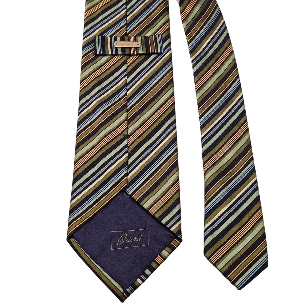 Brioni Silk Cotton‎ Tie Green Navy Striped Handmade Italy Designer Luxury Formal
